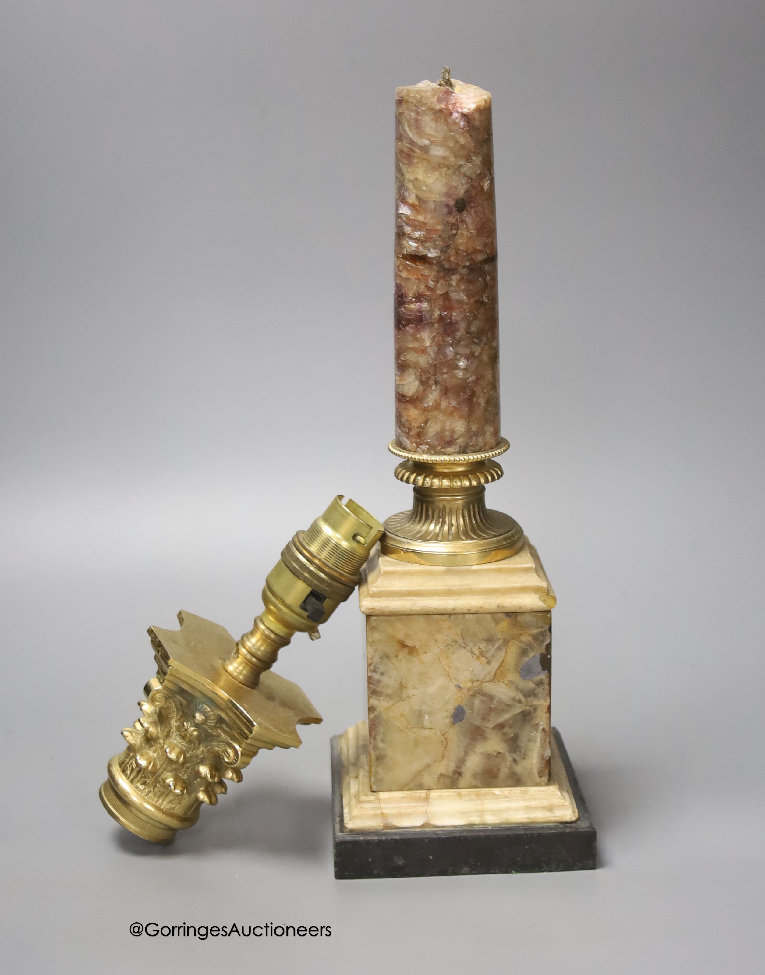 An ormolu mounted Blue John table lamp, with corinthian capital, height 37cm (a.f.)